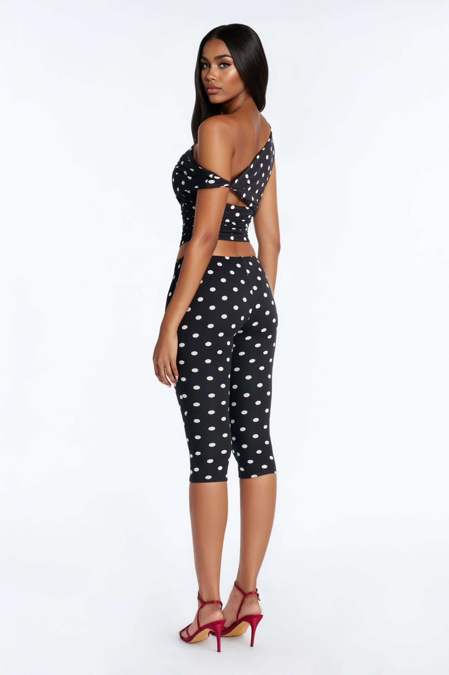 Holly Off Shoulder Polka Dot Capri Set - Black/White