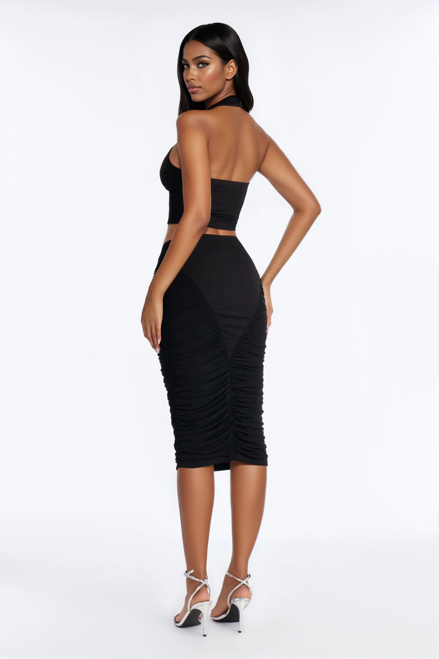 Own It Ruched Halter Midi Skirt Set - Black