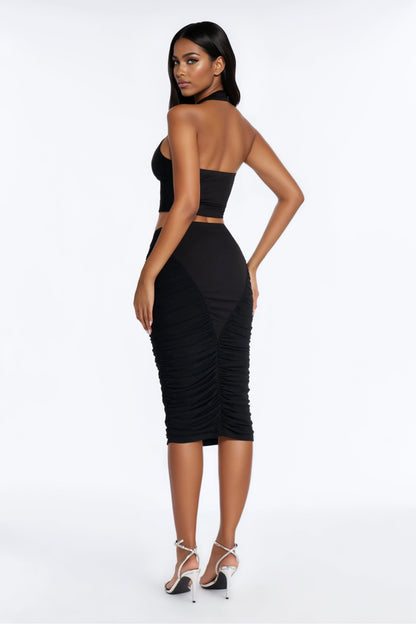 Own It Ruched Halter Midi Skirt Set - Black