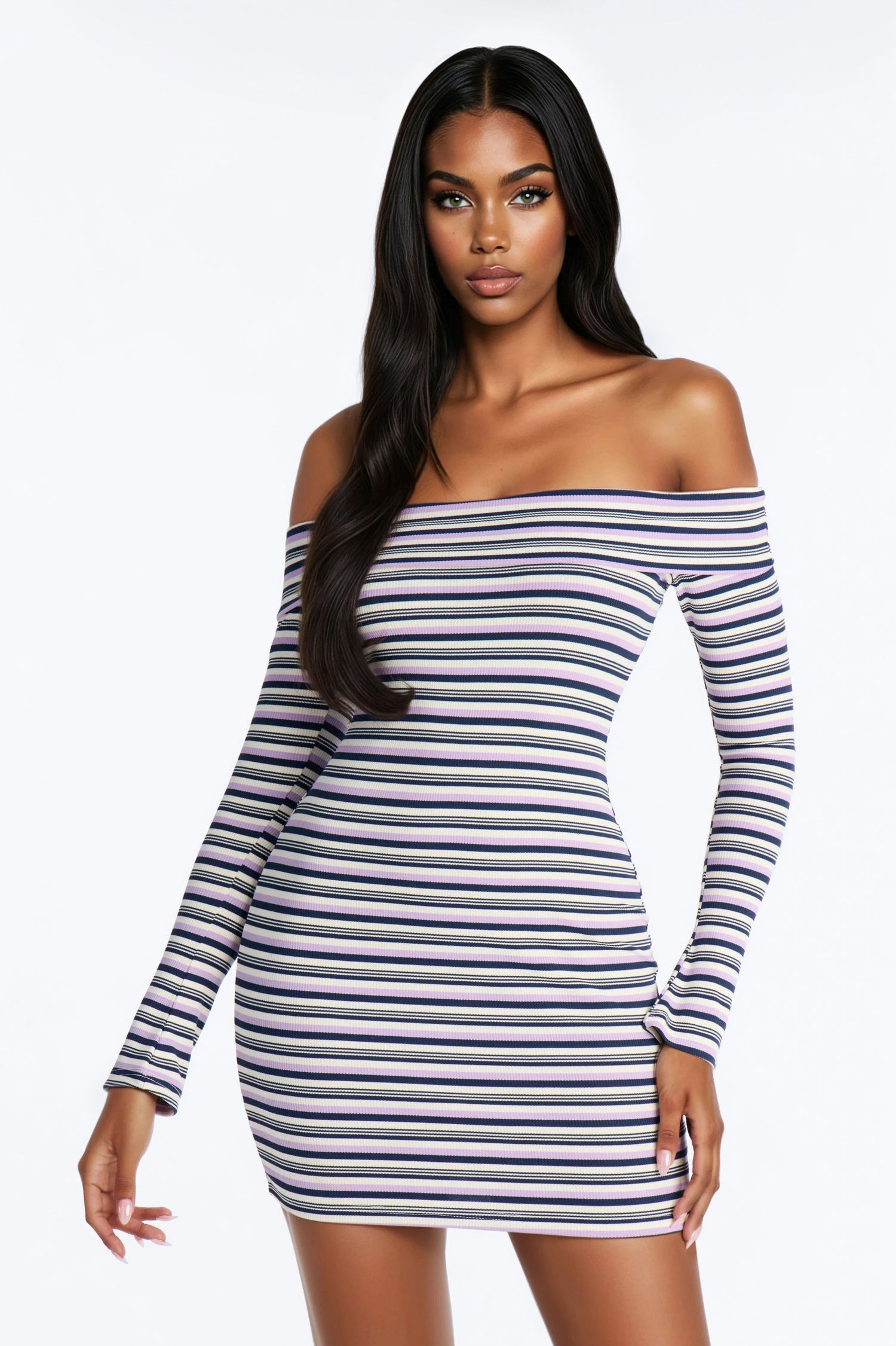 Azariah Striped Ribbed Mini Dress - Lavender/combo