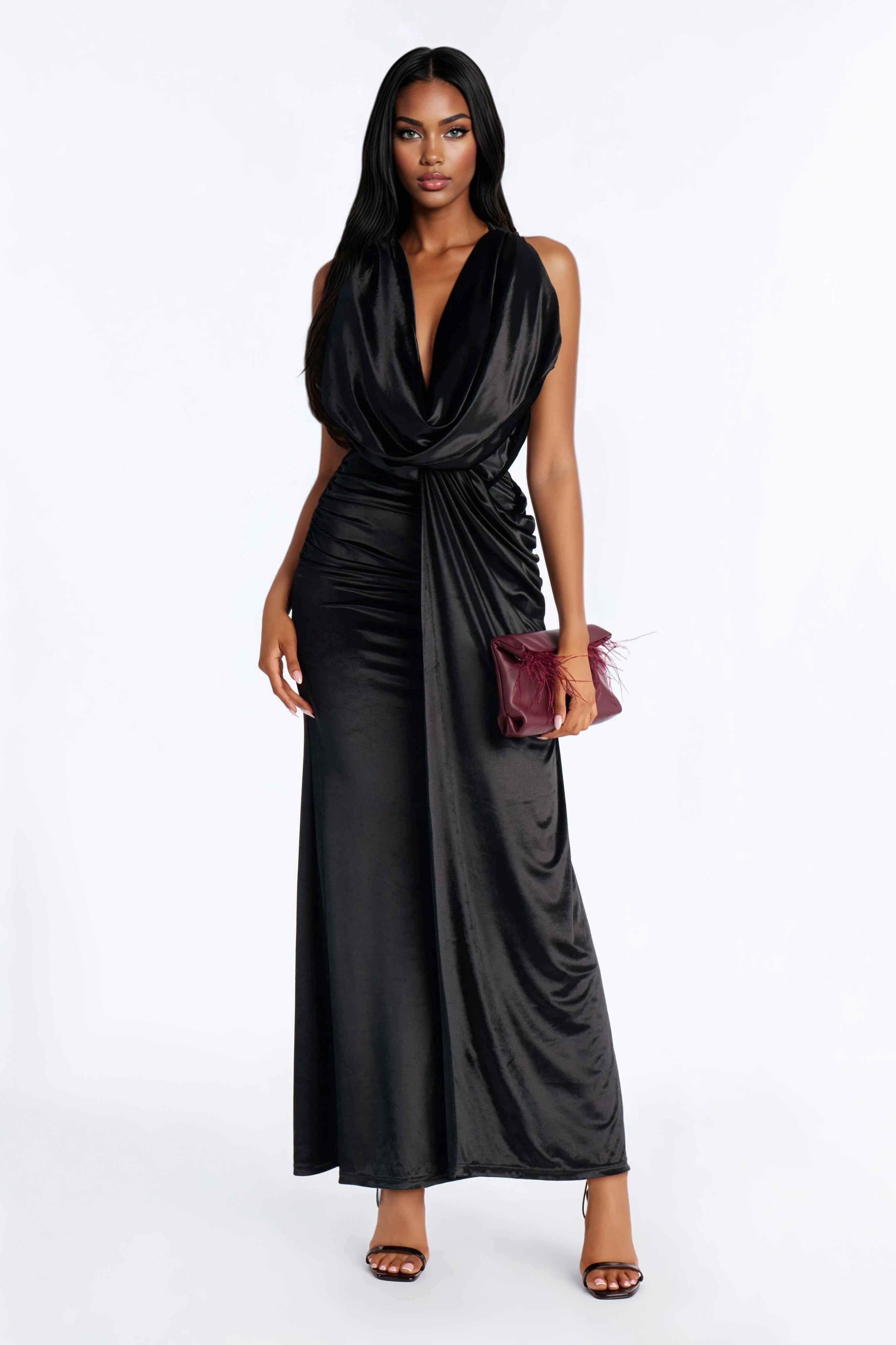 Maribel Draped Velvet Maxi Dress - Black