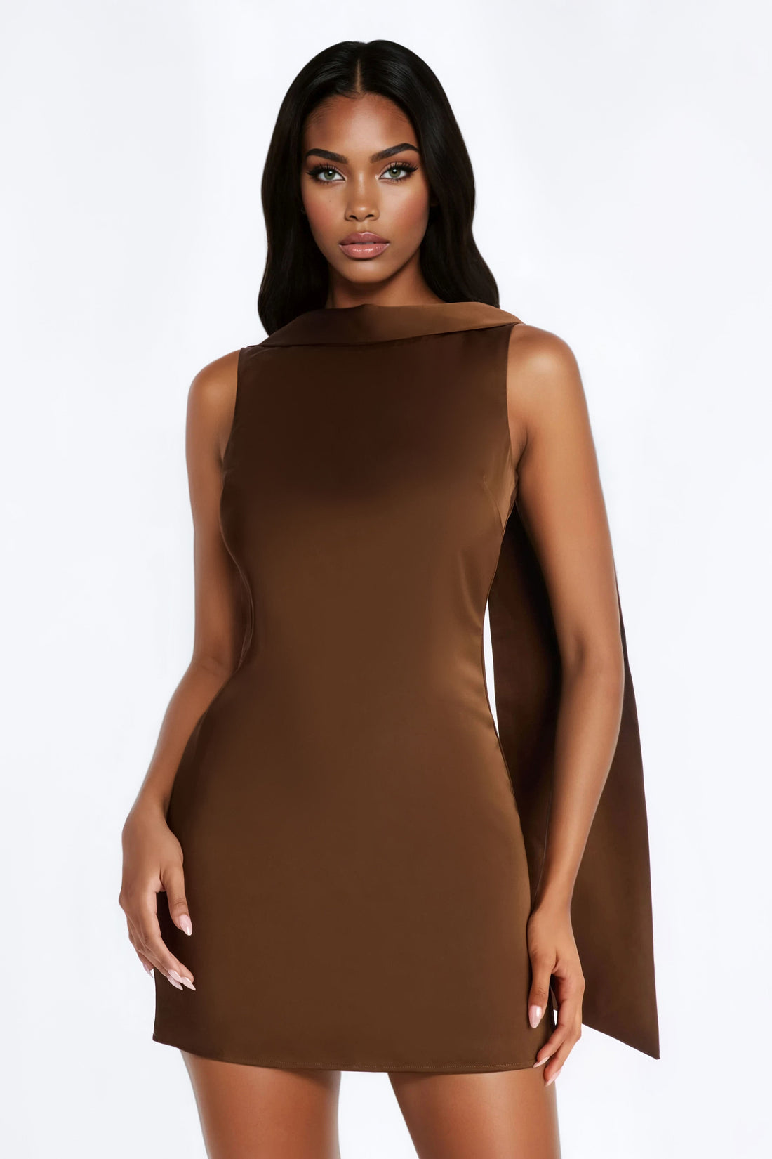 Selina Backless Draped Satin Mini Dress - Chocolate