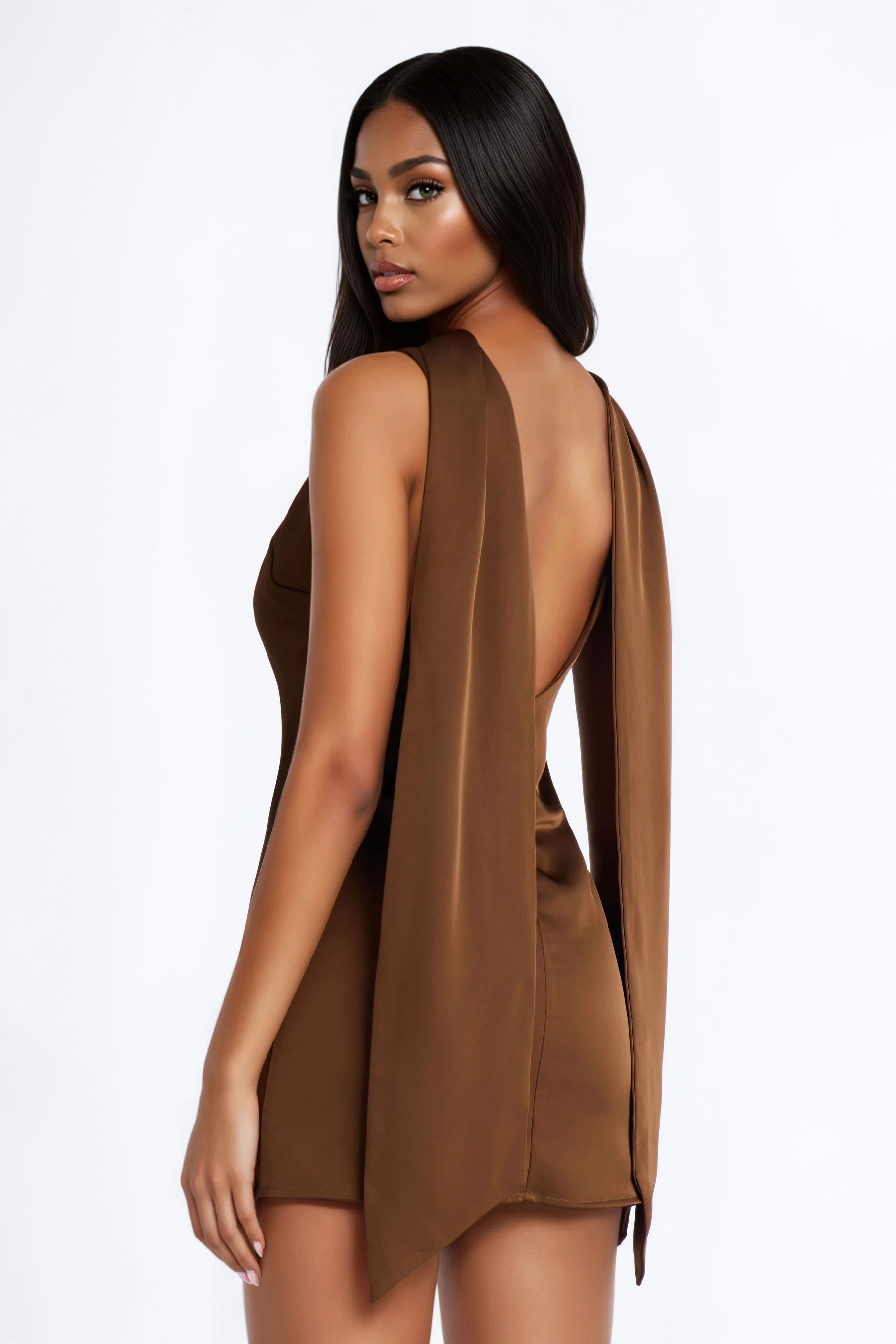 Selina Backless Draped Satin Mini Dress - Chocolate
