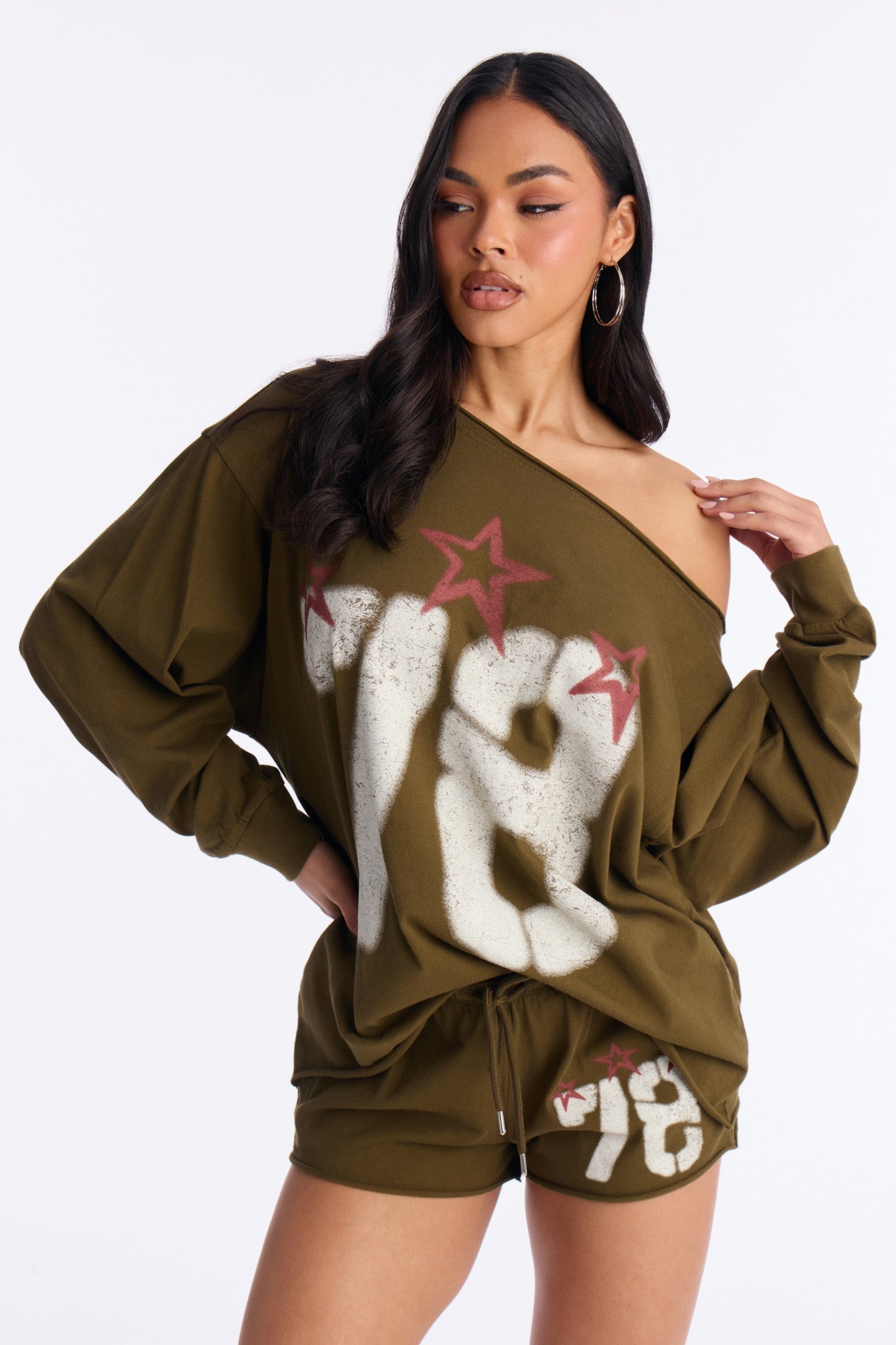 78 Stars Off Shoulder Short Set - Olive