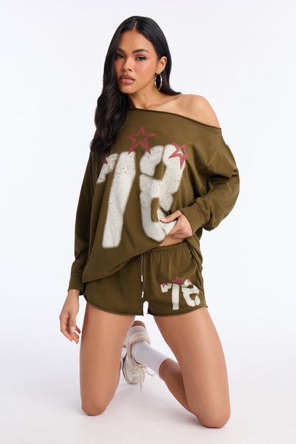 78 Stars Off Shoulder Short Set - Olive