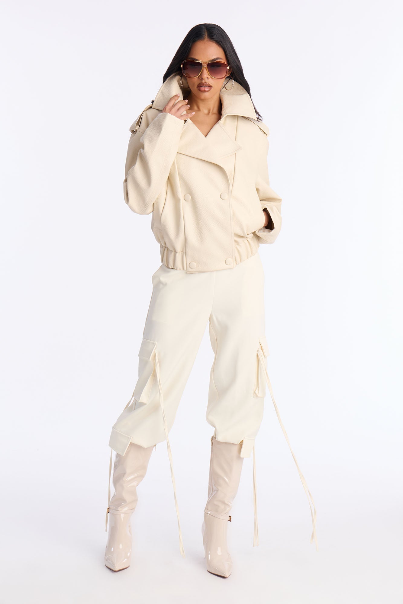 Adrienne Double Breasted Faux Leather Jacket - Bone