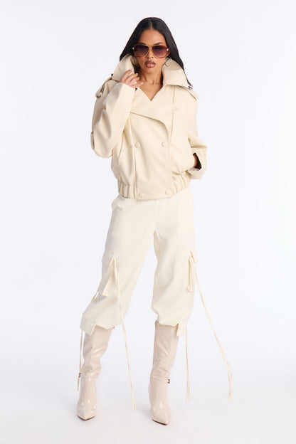 Adrienne Double Breasted Faux Leather Jacket - Bone