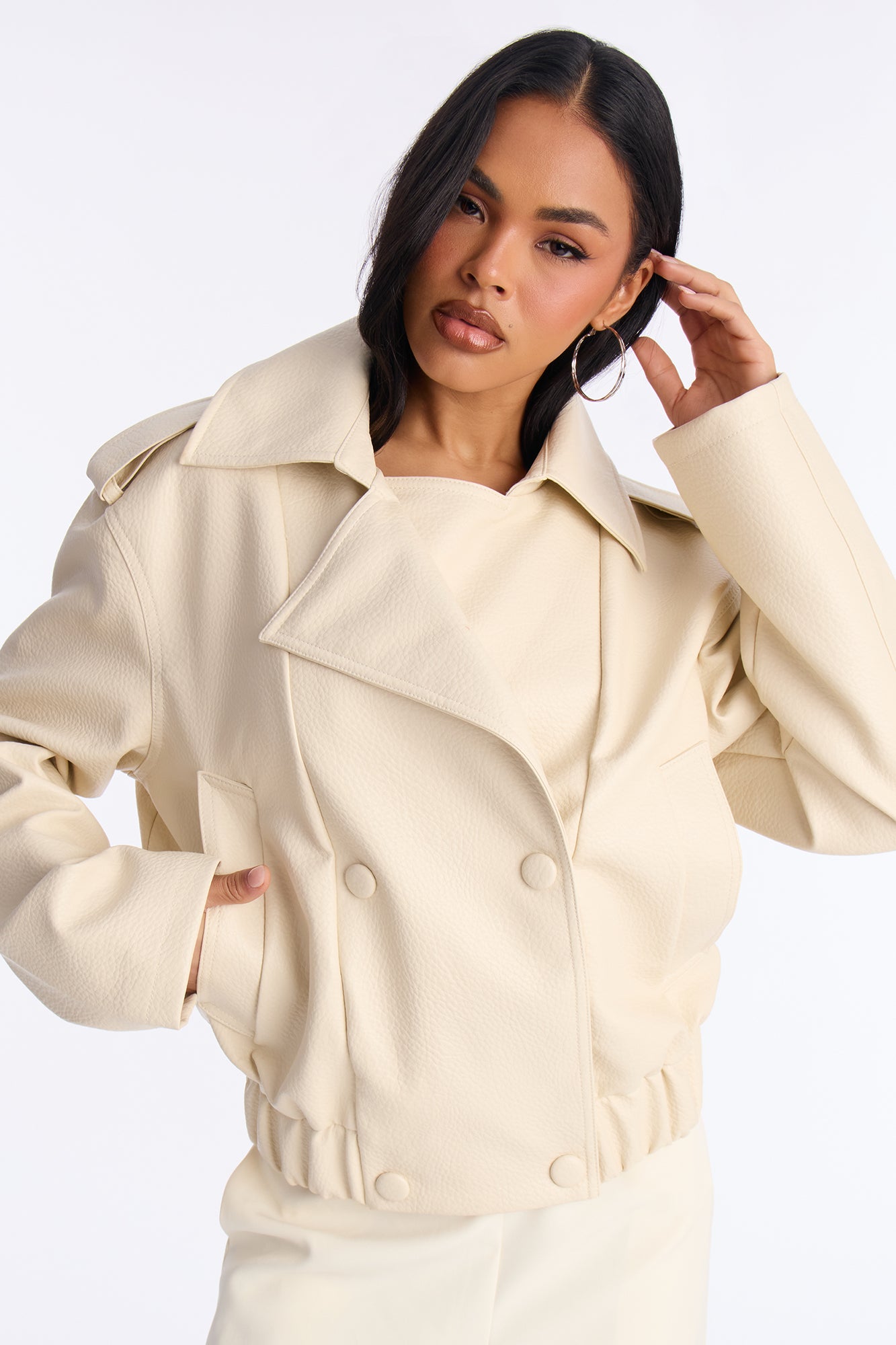 Adrienne Double Breasted Faux Leather Jacket - Bone