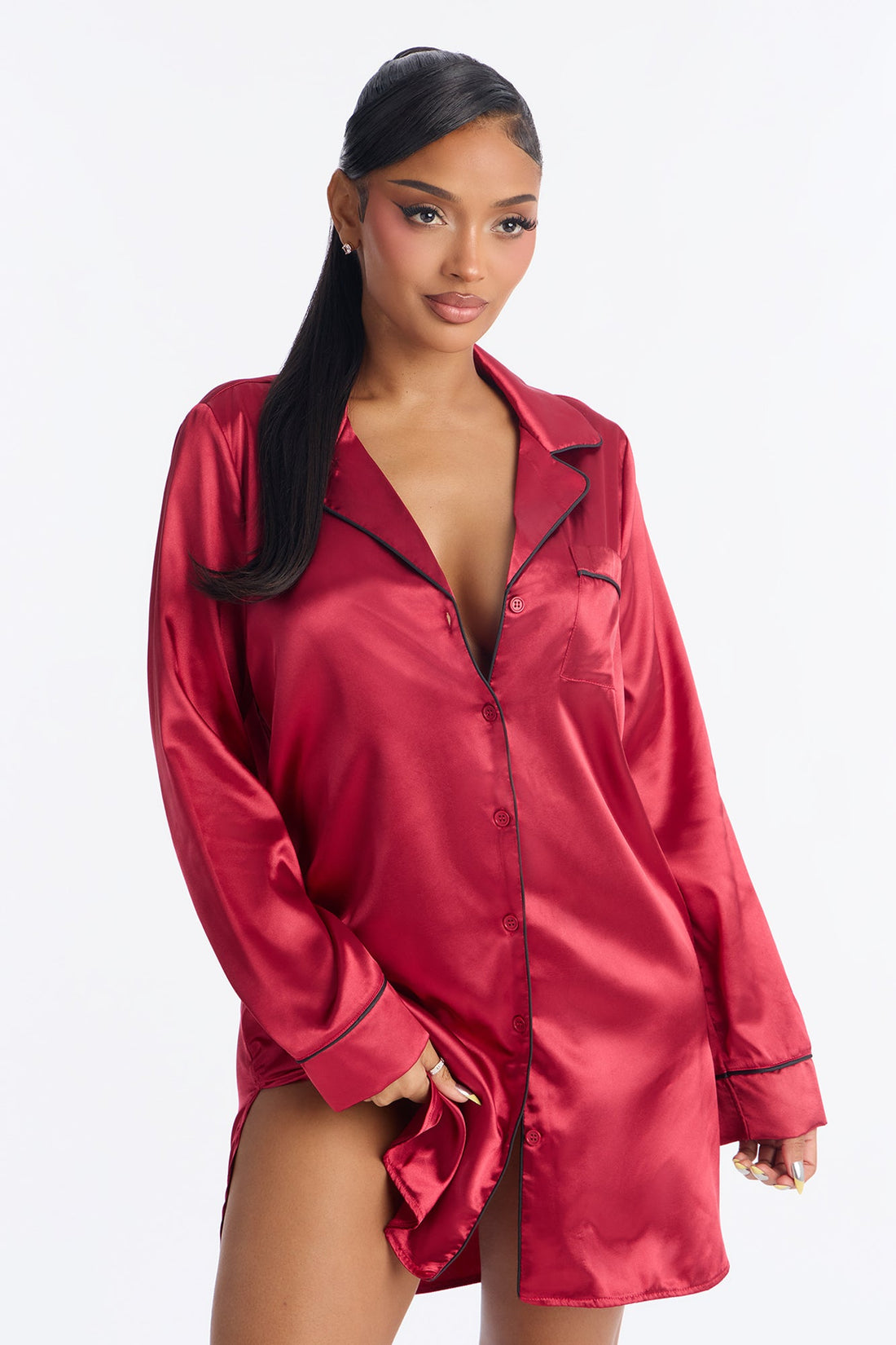 Bedtime Stretch Satin Long Sleeve PJ Sleep Shirt - DarkRed