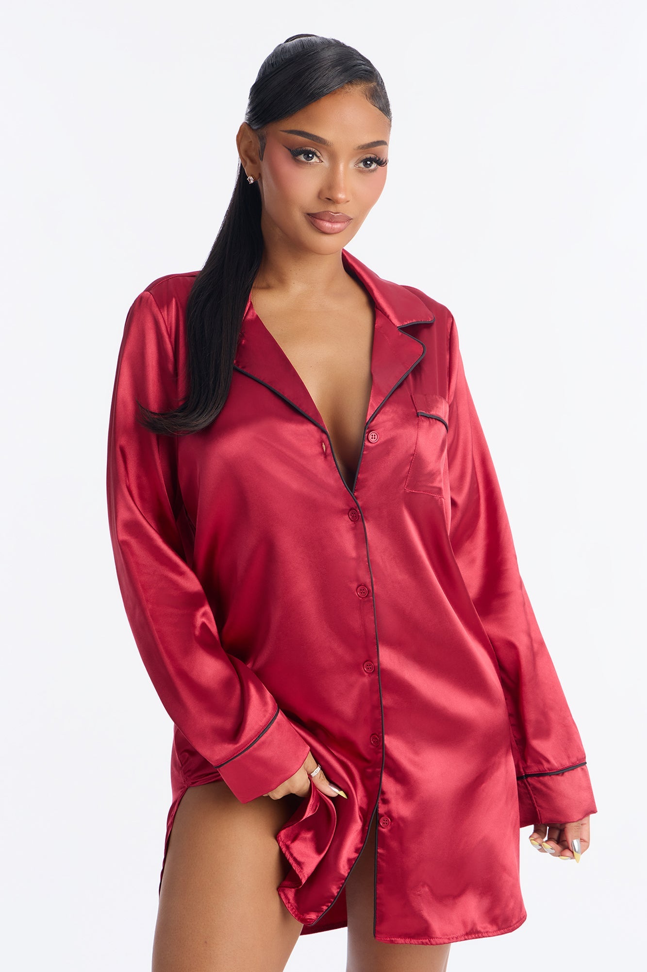 Bedtime Stretch Satin Long Sleeve PJ Sleep Shirt - DarkRed
