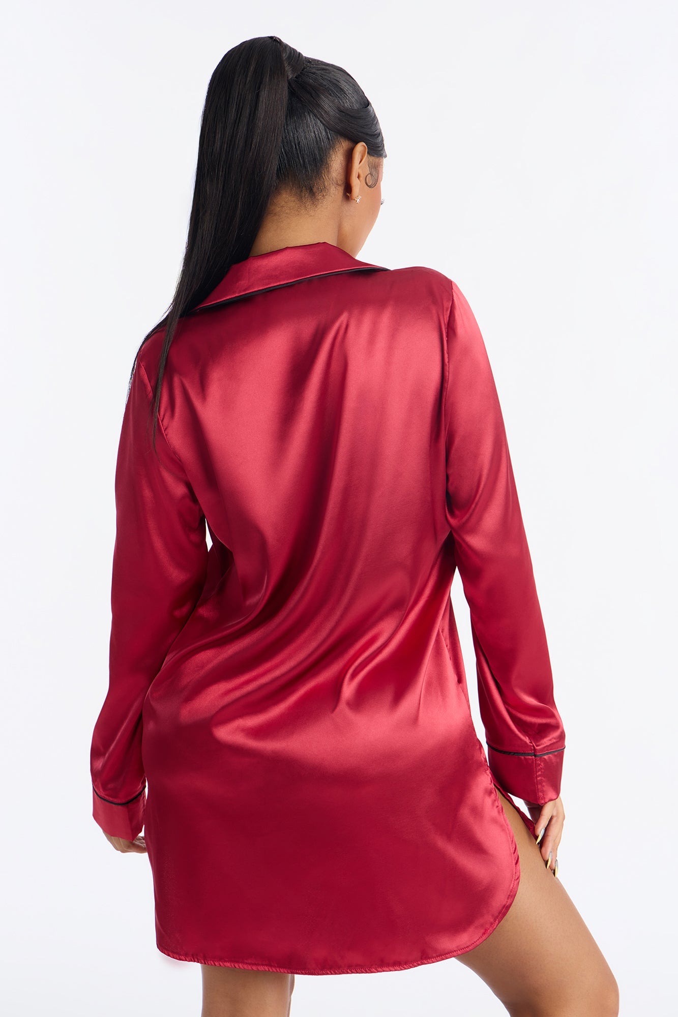 Bedtime Stretch Satin Long Sleeve PJ Sleep Shirt - DarkRed