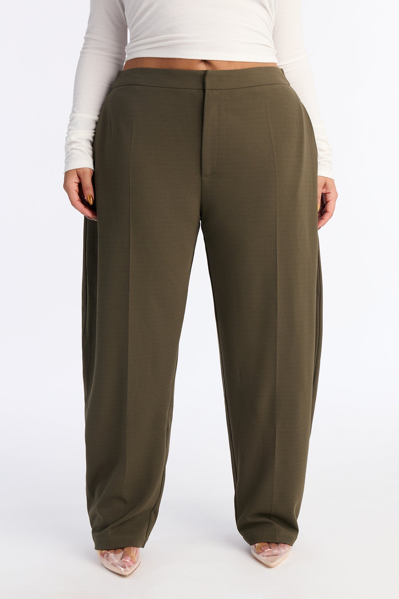 Always On Time Crepe Knit Barrel Leg Trousers - Olive