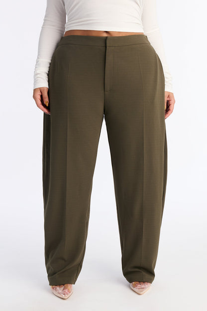 Always On Time Crepe Knit Barrel Leg Trousers - Olive