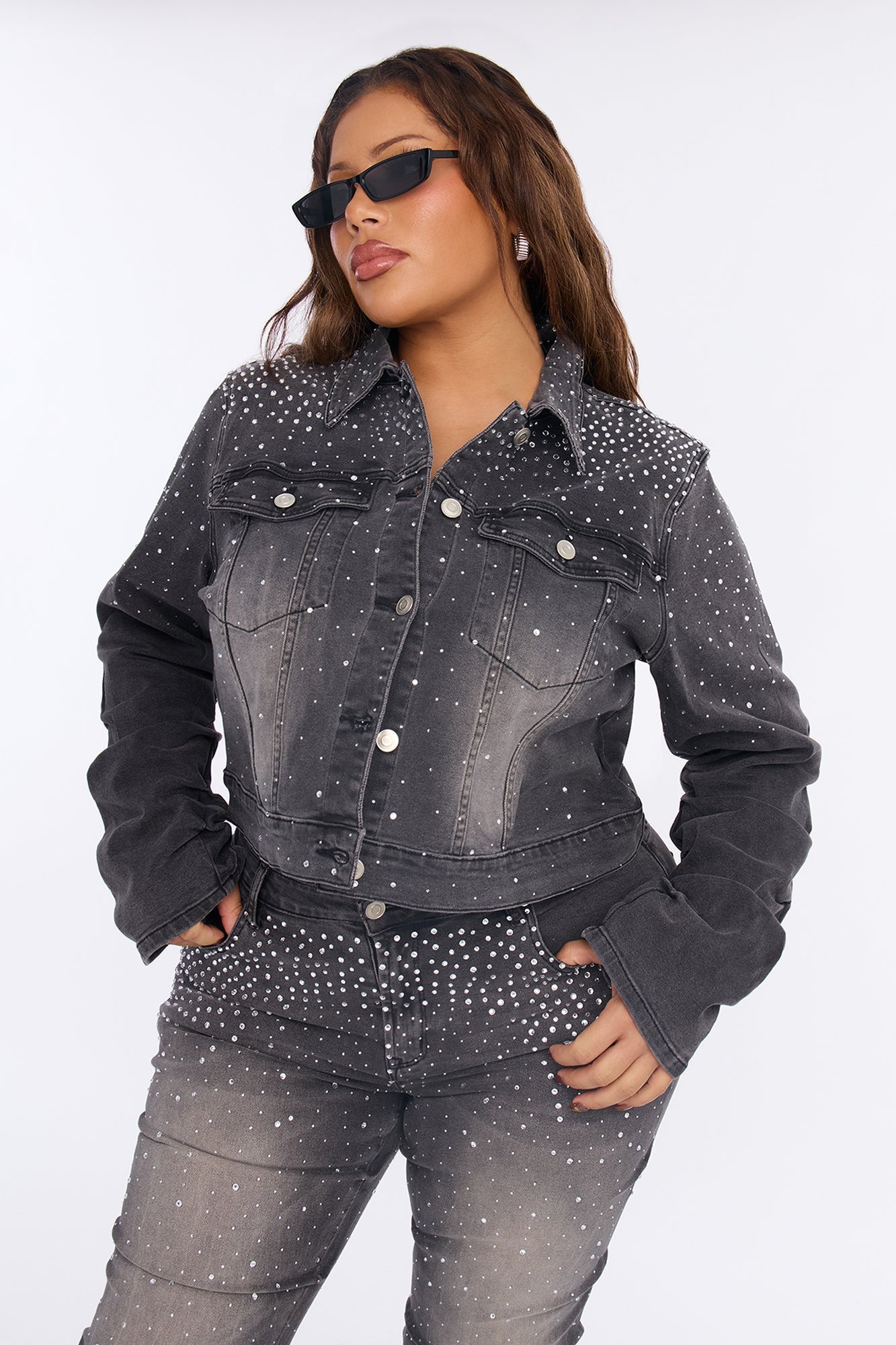 That Girl Embellished Denim Jacket - Grey