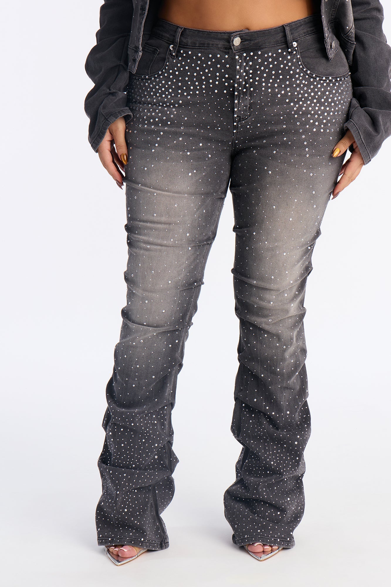 That Girl Embellished Stacked Flare Jeans - Grey