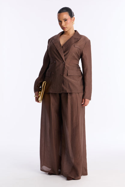 Serenity Sheer Blazer Pant Set - Chocolate