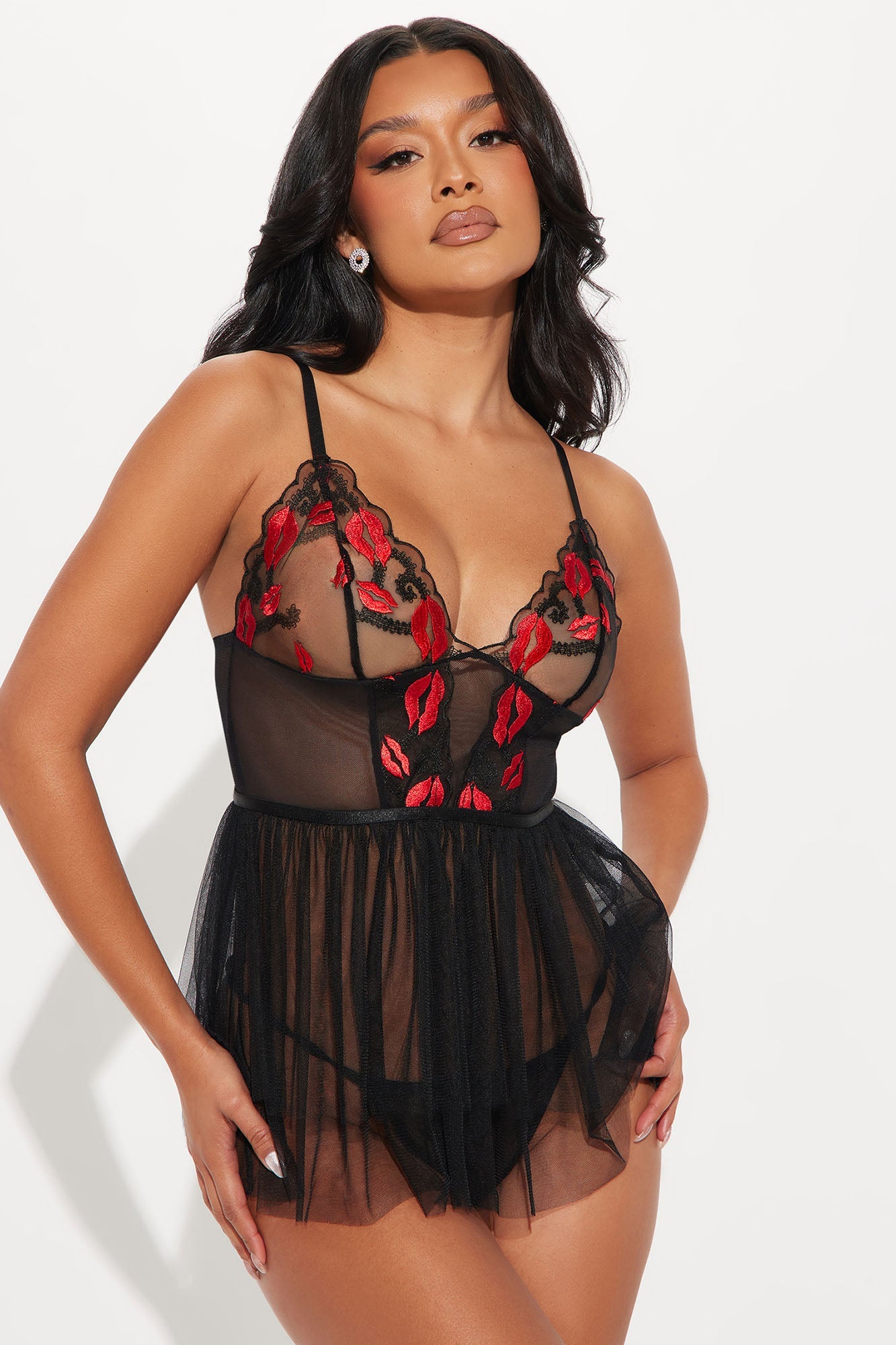 Evelyn Kiss Kiss Lace Babydoll - Black/Red