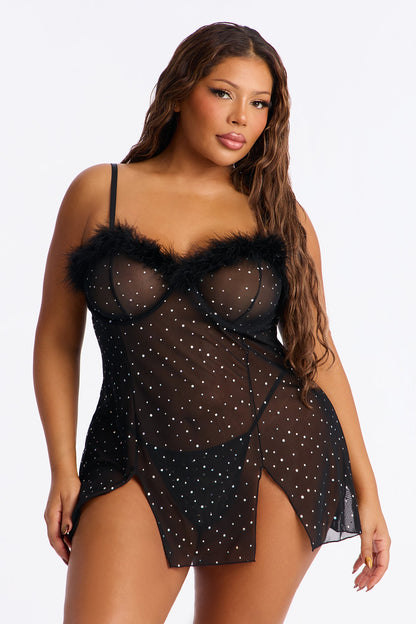 Celeste Rhinestone Mesh Chemise - Black