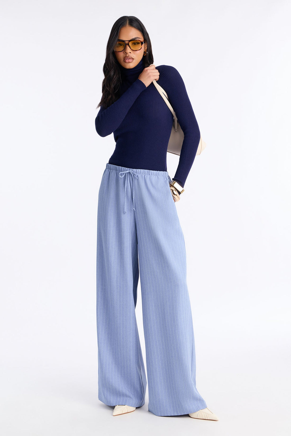 Mallory Pinstripe Easy Pull On Wide Leg Pant 33″ - Blue