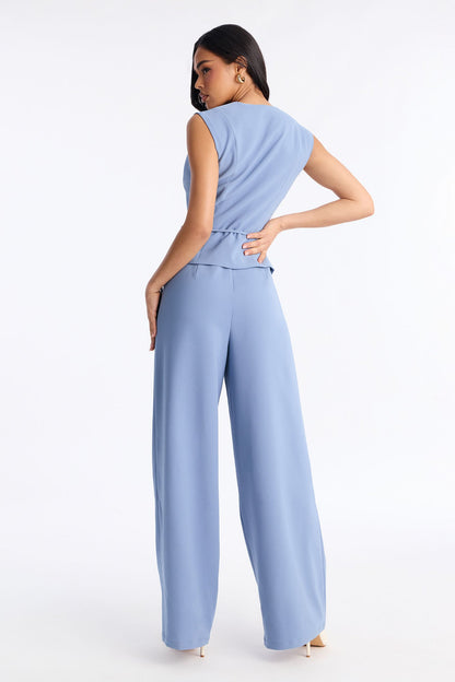 Cailey Contrast Trim Tie Front Wide Leg Jumpsuit - Blue