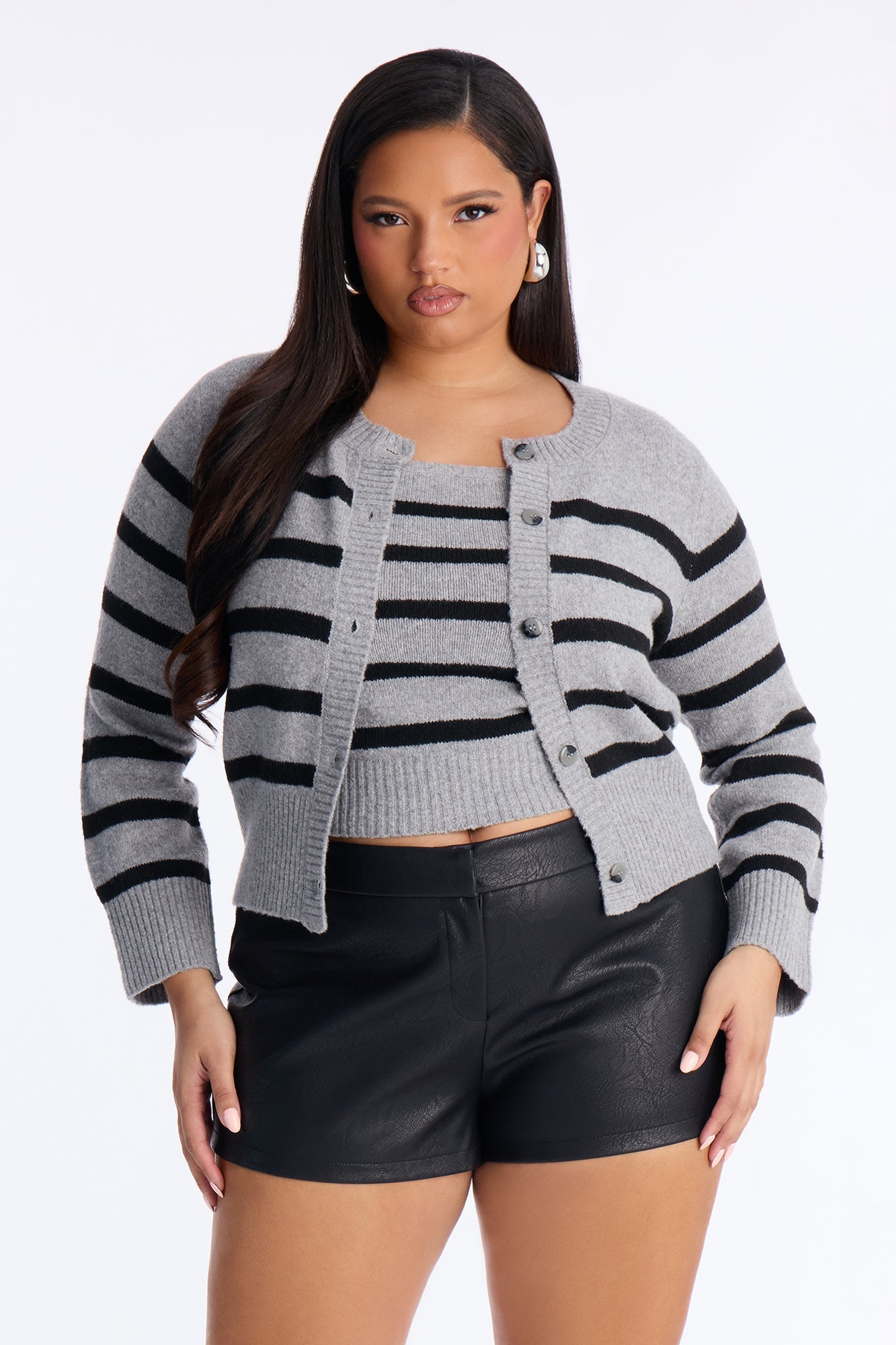 Malibu Striped 2 Piece Cardigan set - Grey/combo