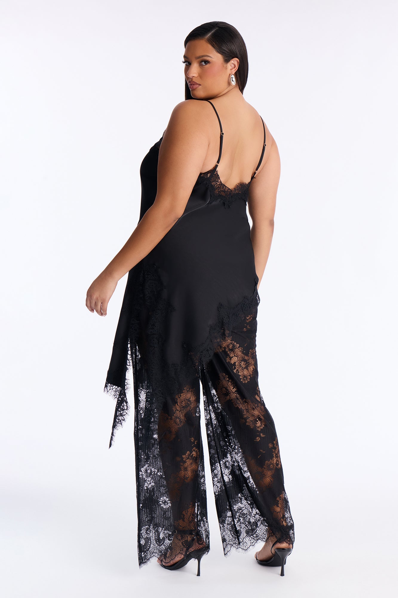 Yasmin Satin Lace Pant Set - Black