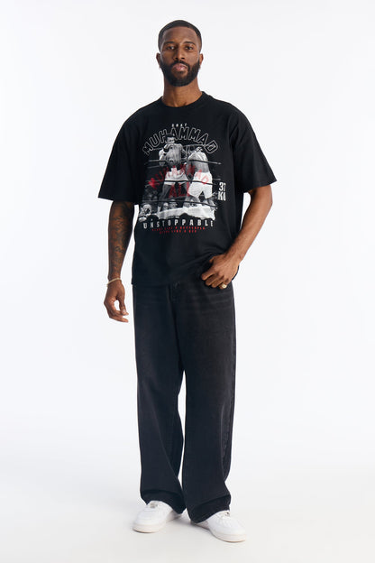 Boxy Muhammad Ali Rhinestone Short Sleeve Tee - Black