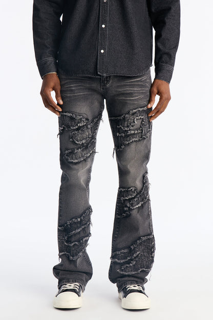 Stacked Slim Flare Fray Waves Jeans - Black Wash