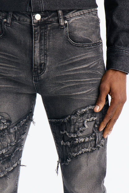 Stacked Slim Flare Fray Waves Jeans - Black Wash
