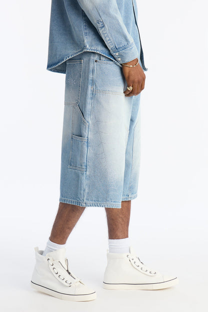 Baggy Jeweled Web Carpenter Denim Short - Light Wash