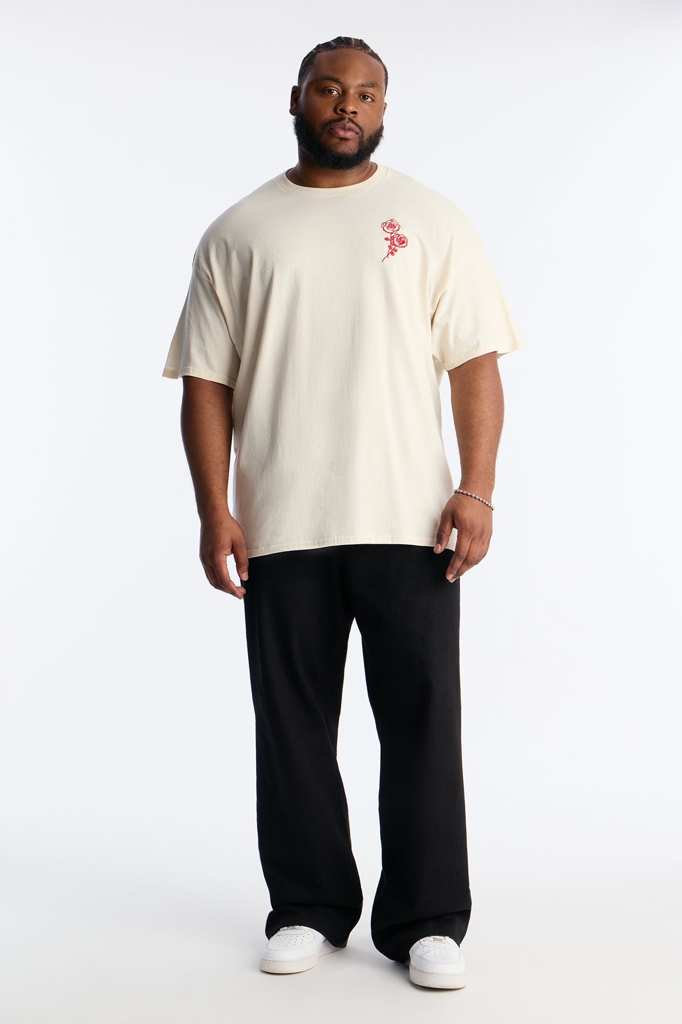 Roses Embroidery Short Sleeve Tee - Natural