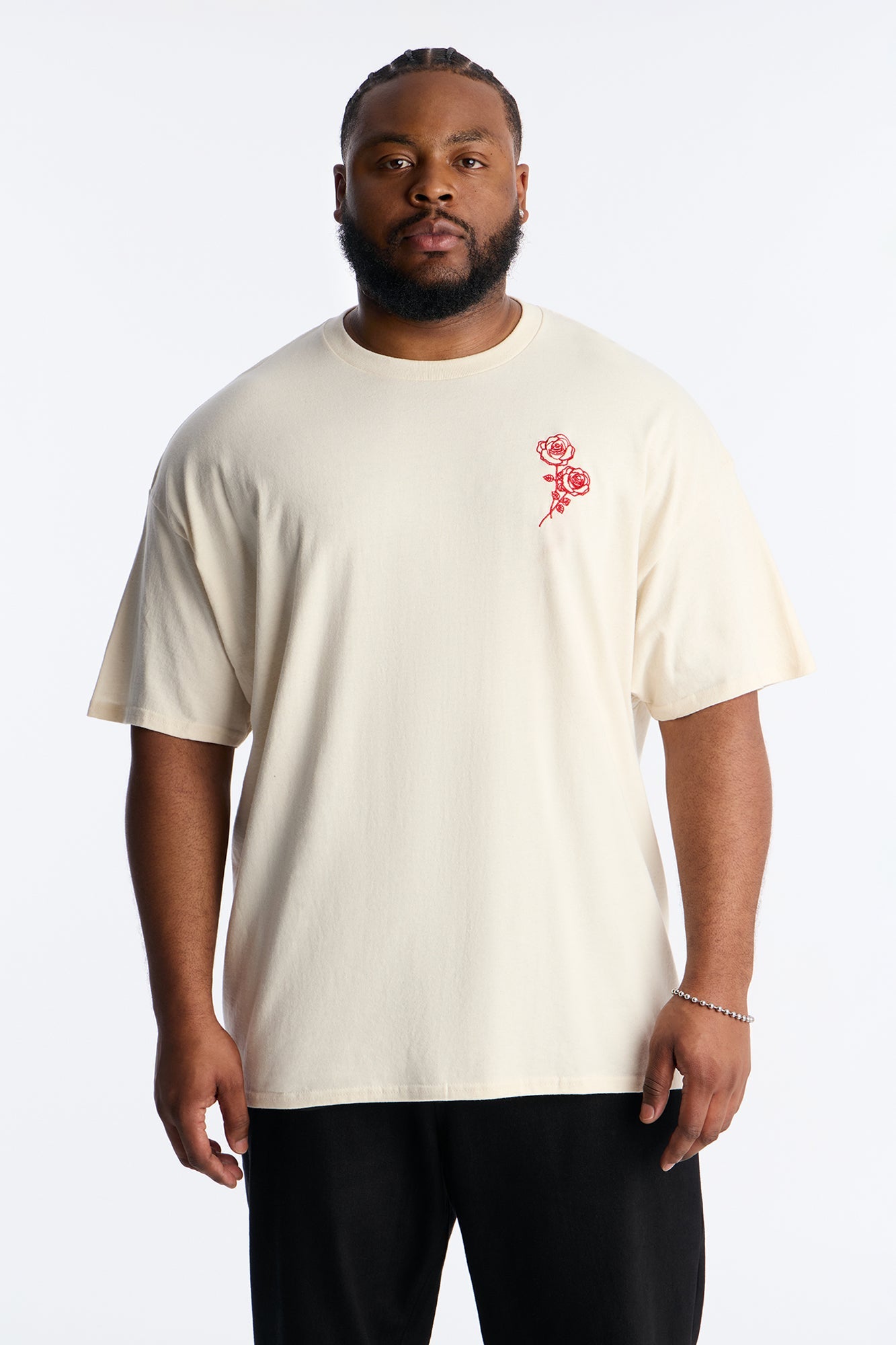 Roses Embroidery Short Sleeve Tee - Natural