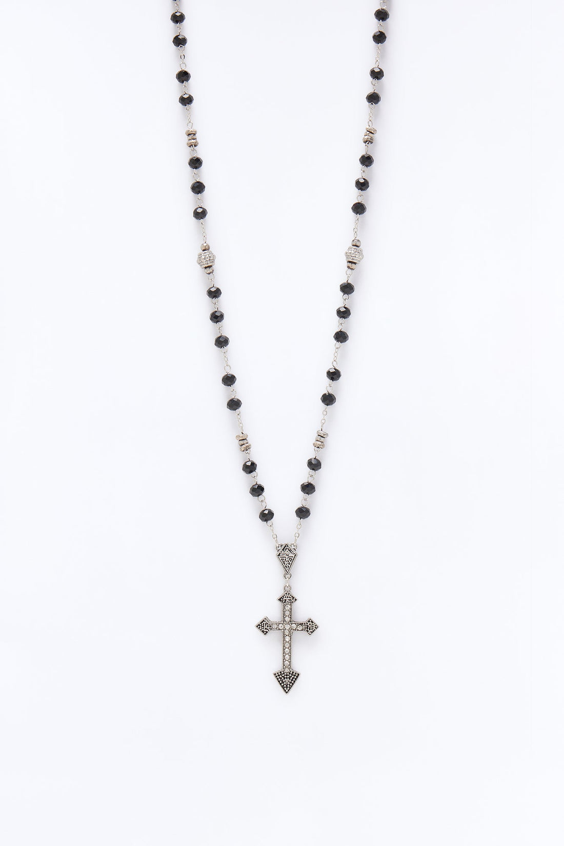 Beaded Rosary Style Cross Necklace - Silver/Black