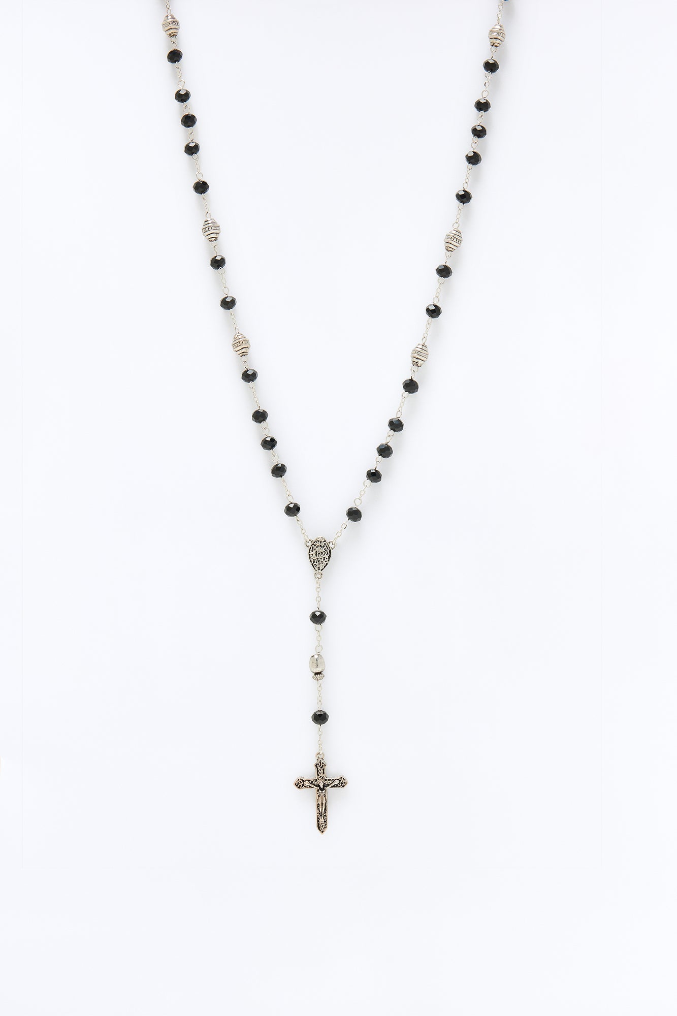 Faithful Beaded Rosary Cross Necklace - Silver/Black