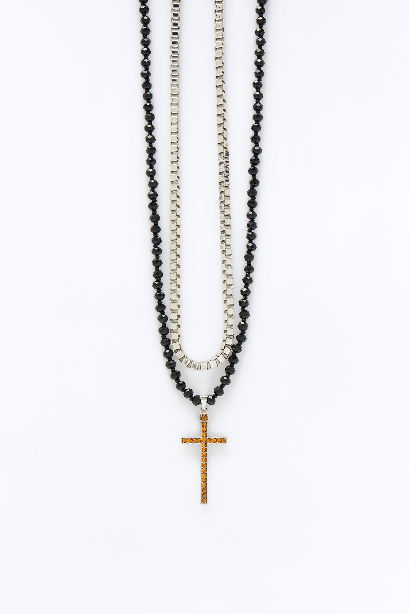 Layered Beaded Cross Pendant Necklace Set - Silver/Multi