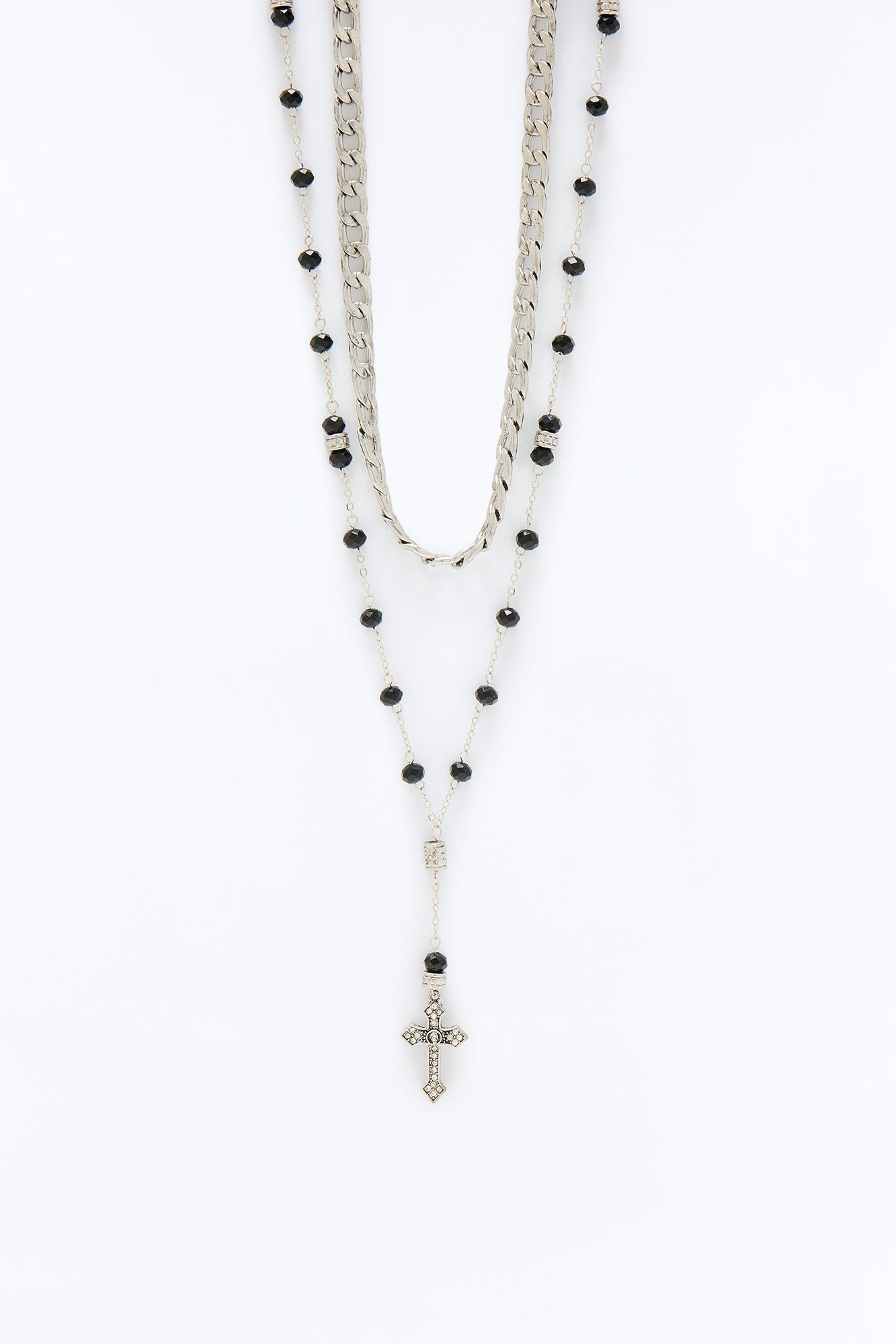 Layered Cuban And Beaded Cross Necklace Set - Silver/Black