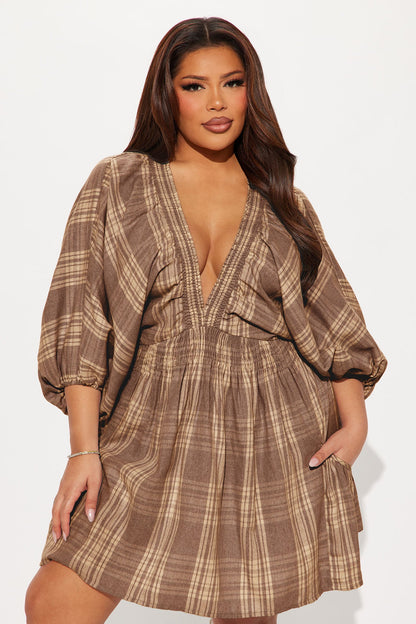 Countryside Cutie Plaid Mini Dress - Brown/combo