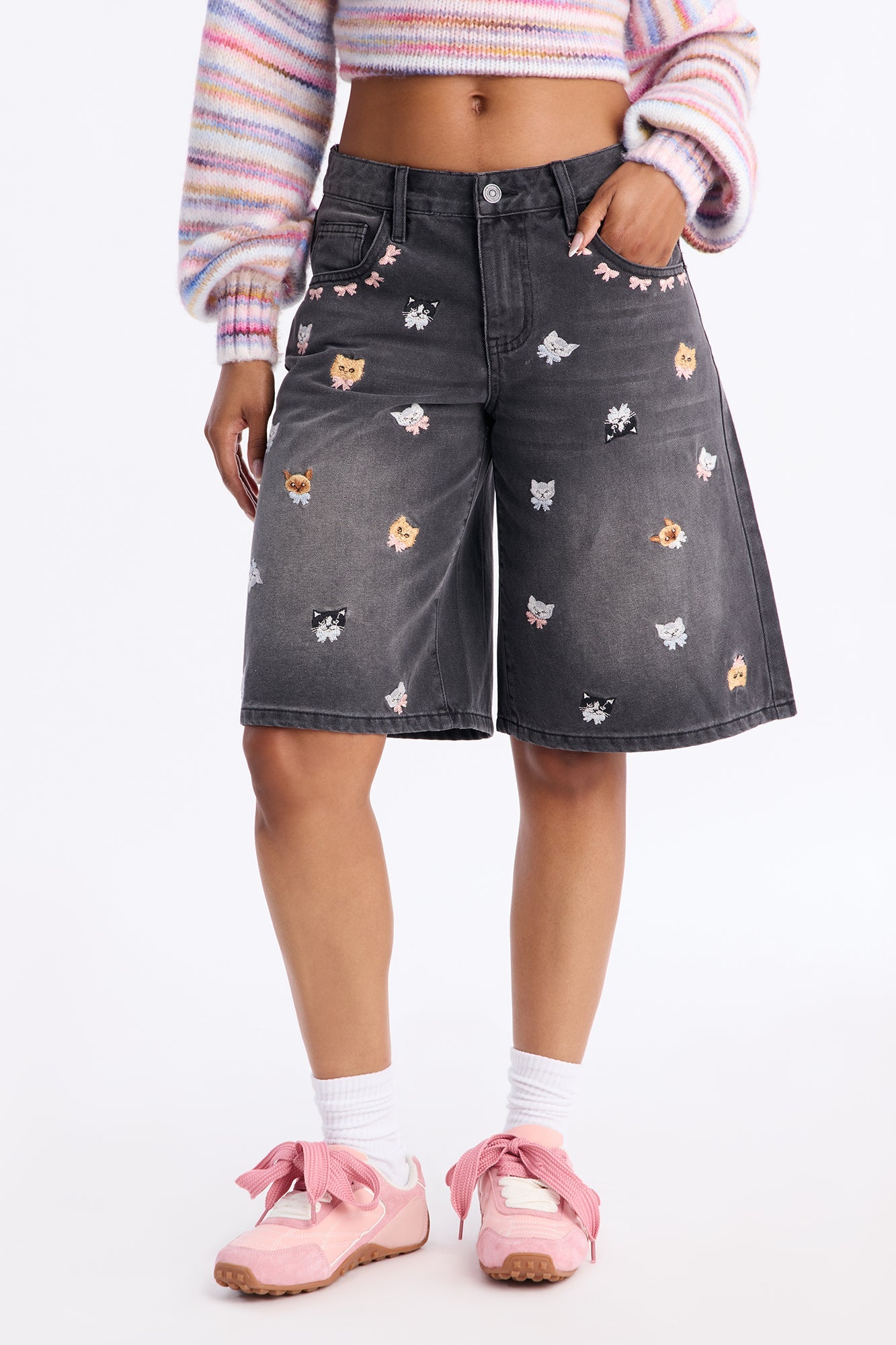 Le Chat Embroidered Denim Jorts - Grey