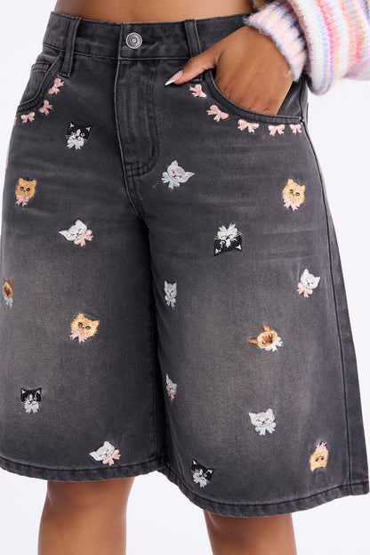 Le Chat Embroidered Denim Jorts - Grey