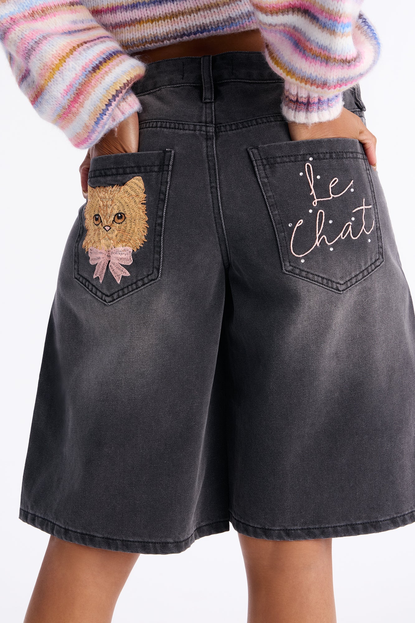 Le Chat Embroidered Denim Jorts - Grey