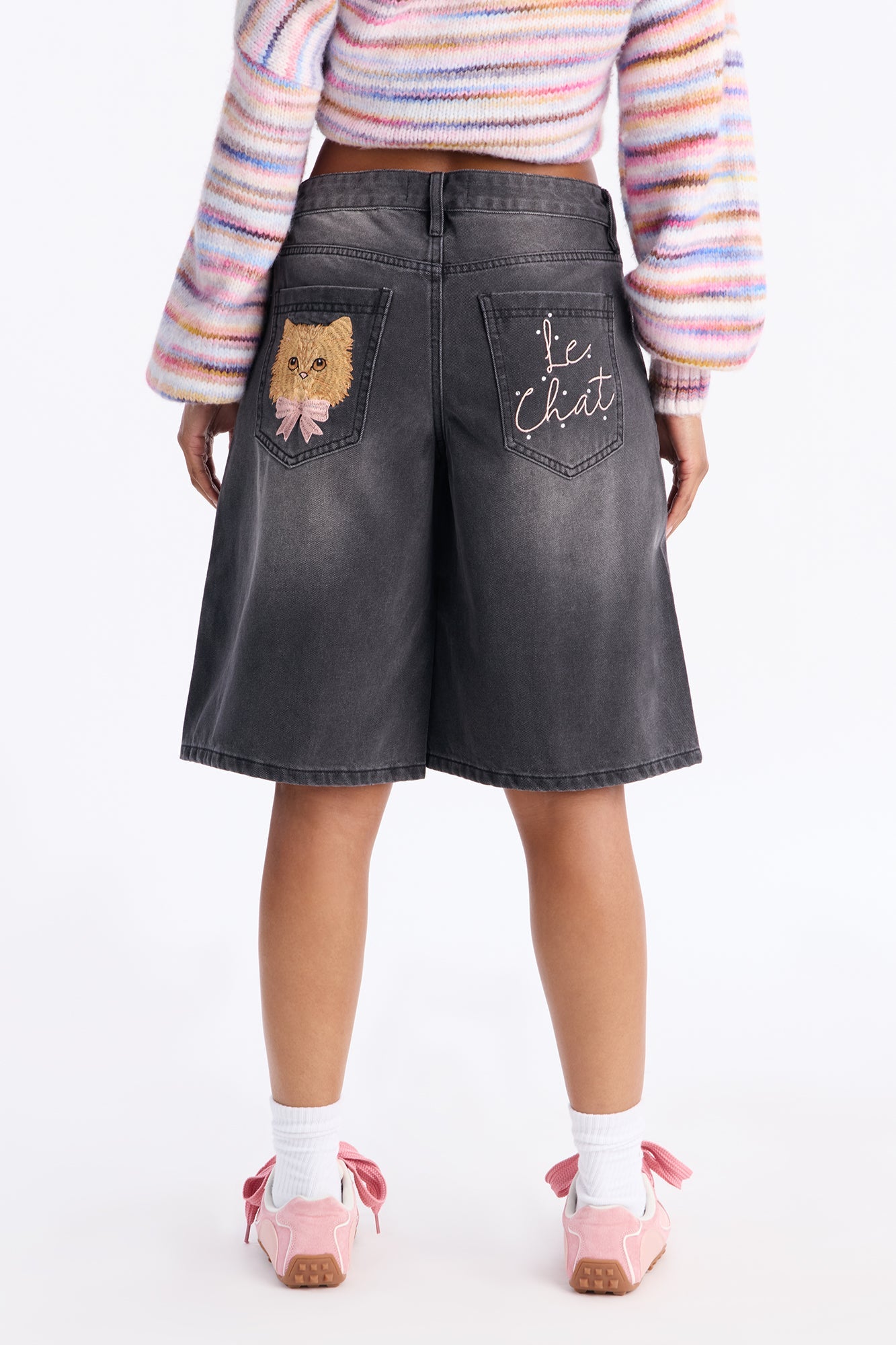 Le Chat Embroidered Denim Jorts - Grey