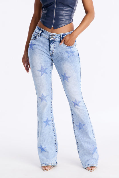 Stars Align Low Rise Embellished Bootcut Jeans - Light Wash
