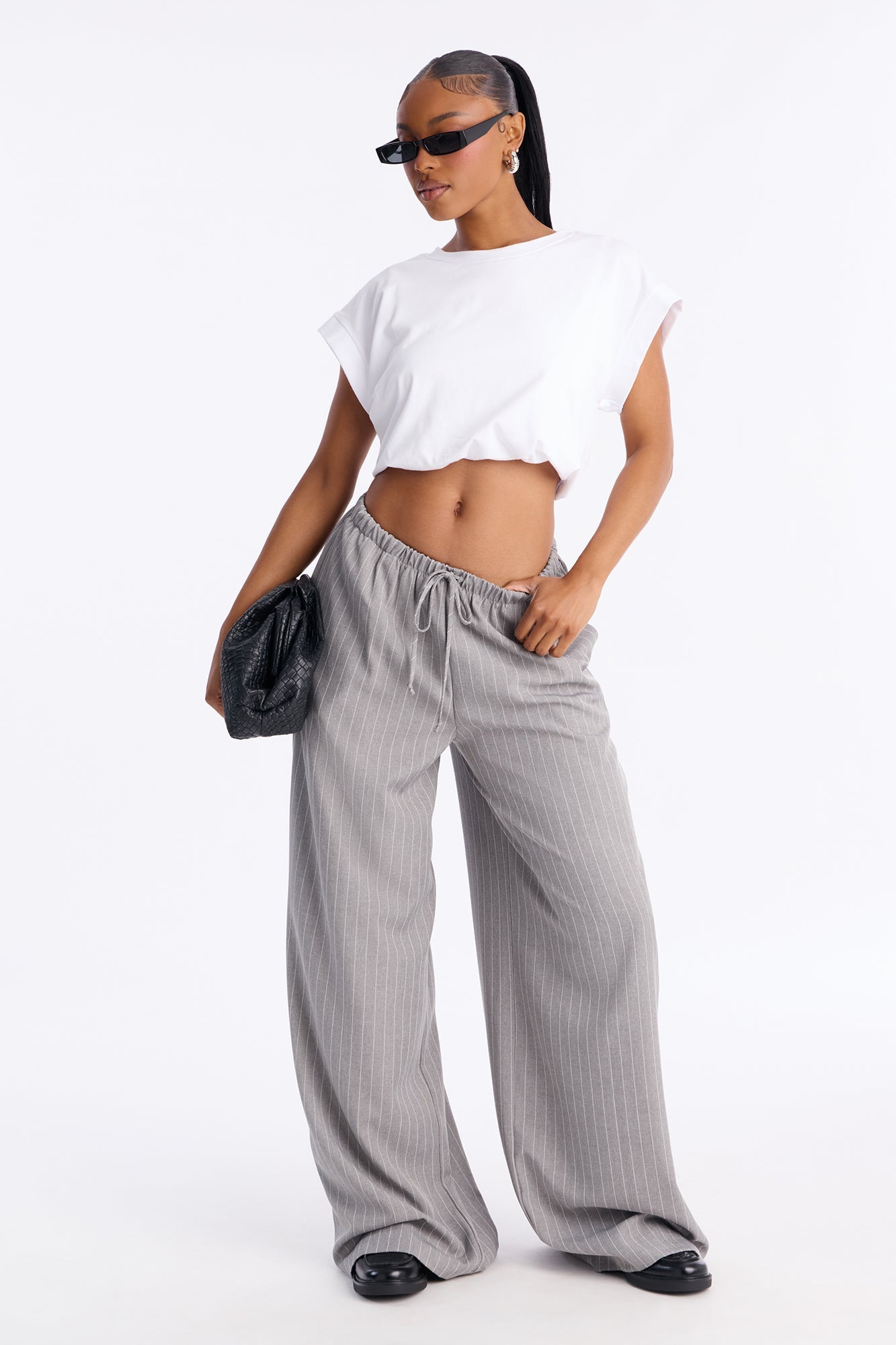 Mallory Pinstripe Easy Pull On Wide Leg Pant 33″ - Grey