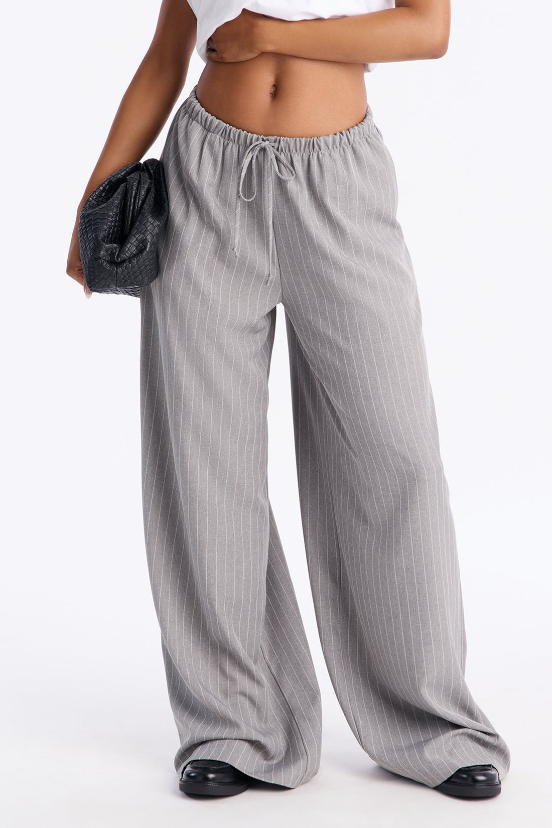 Mallory Pinstripe Easy Pull On Wide Leg Pant 33″ - Grey
