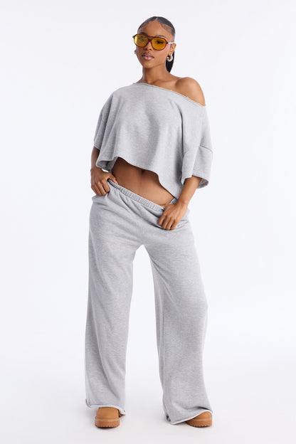 Chill Status Off Shoulder Pant Set - Heather Grey