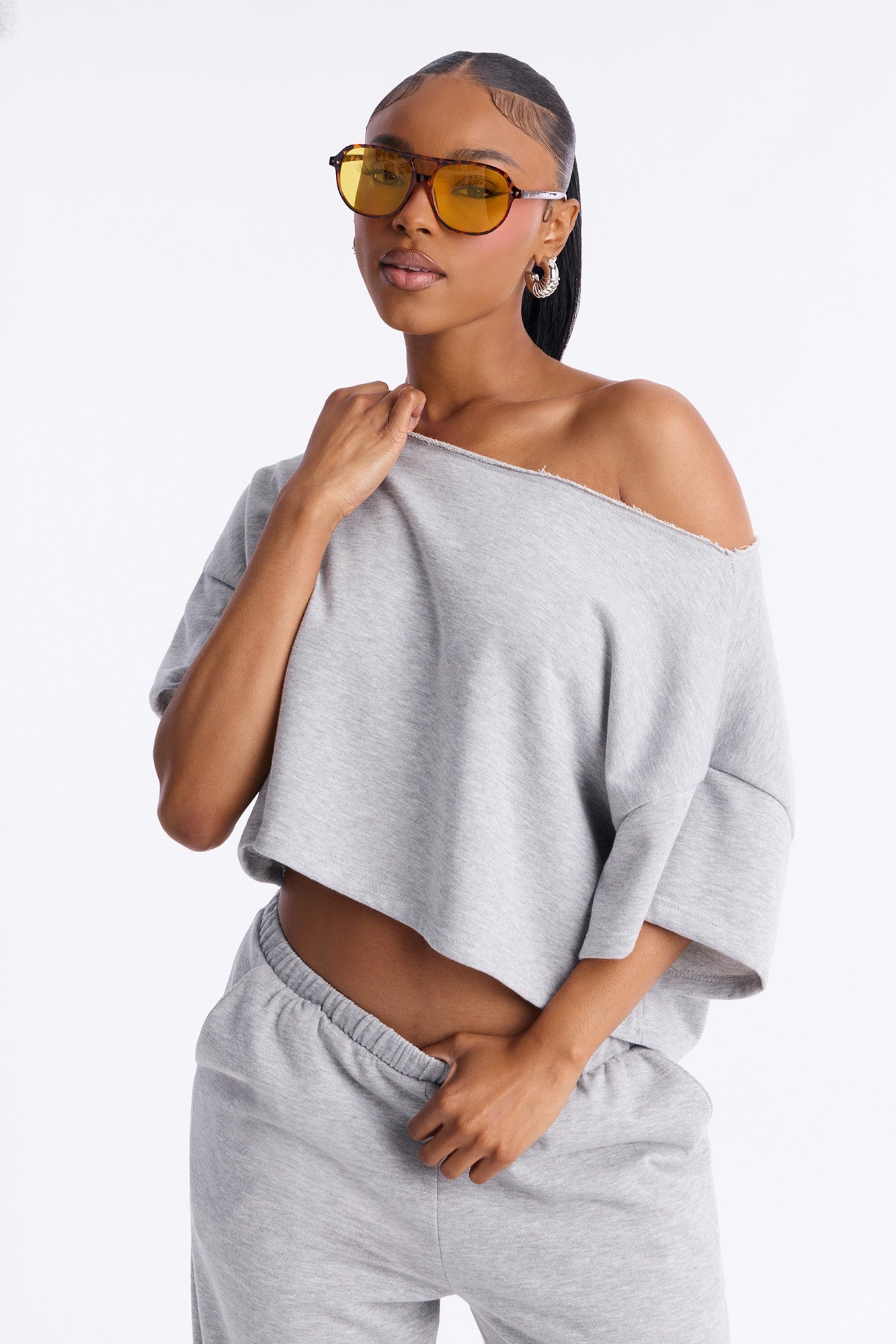 Chill Status Off Shoulder Pant Set - Heather Grey