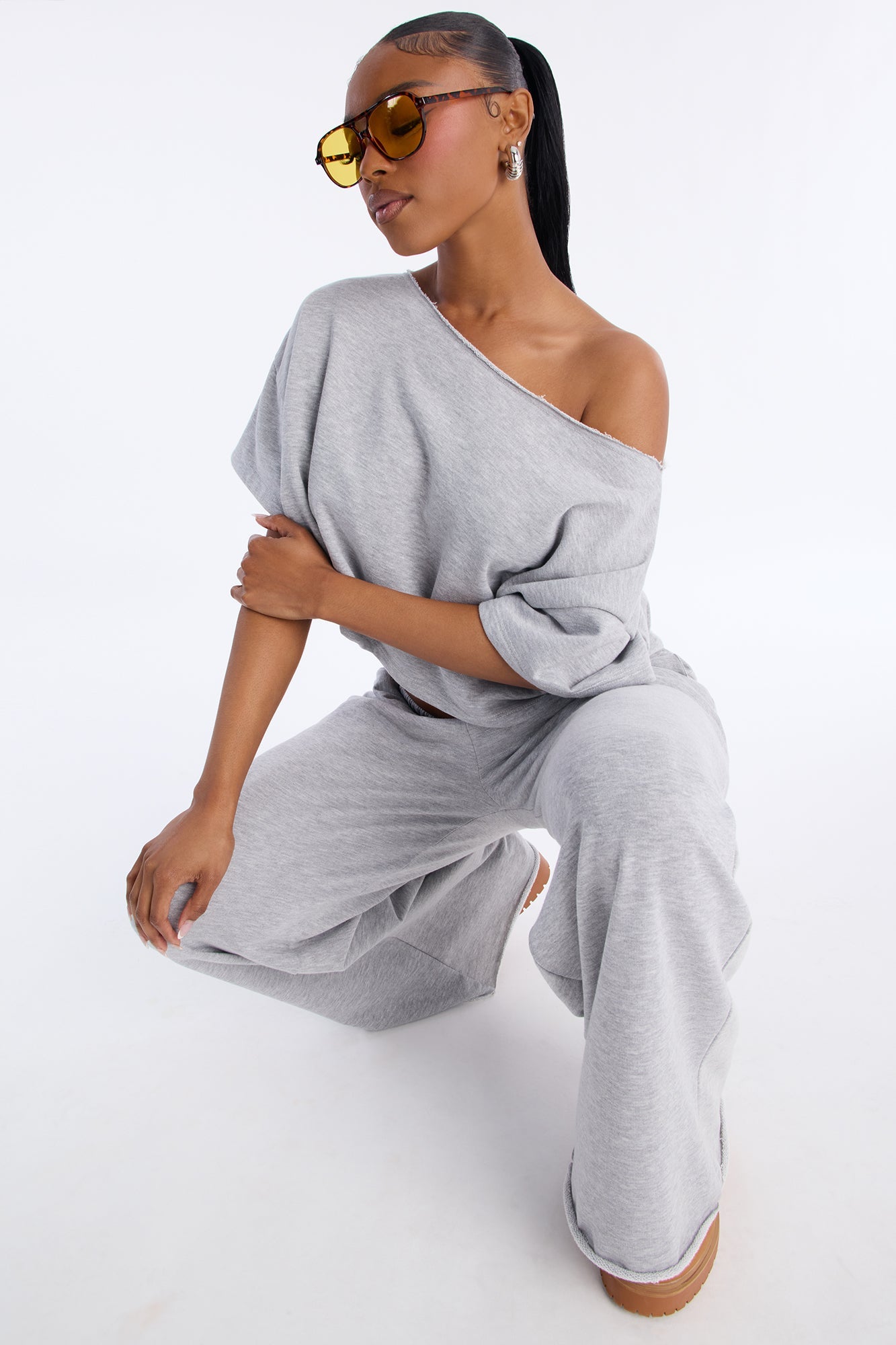 Chill Status Off Shoulder Pant Set - Heather Grey