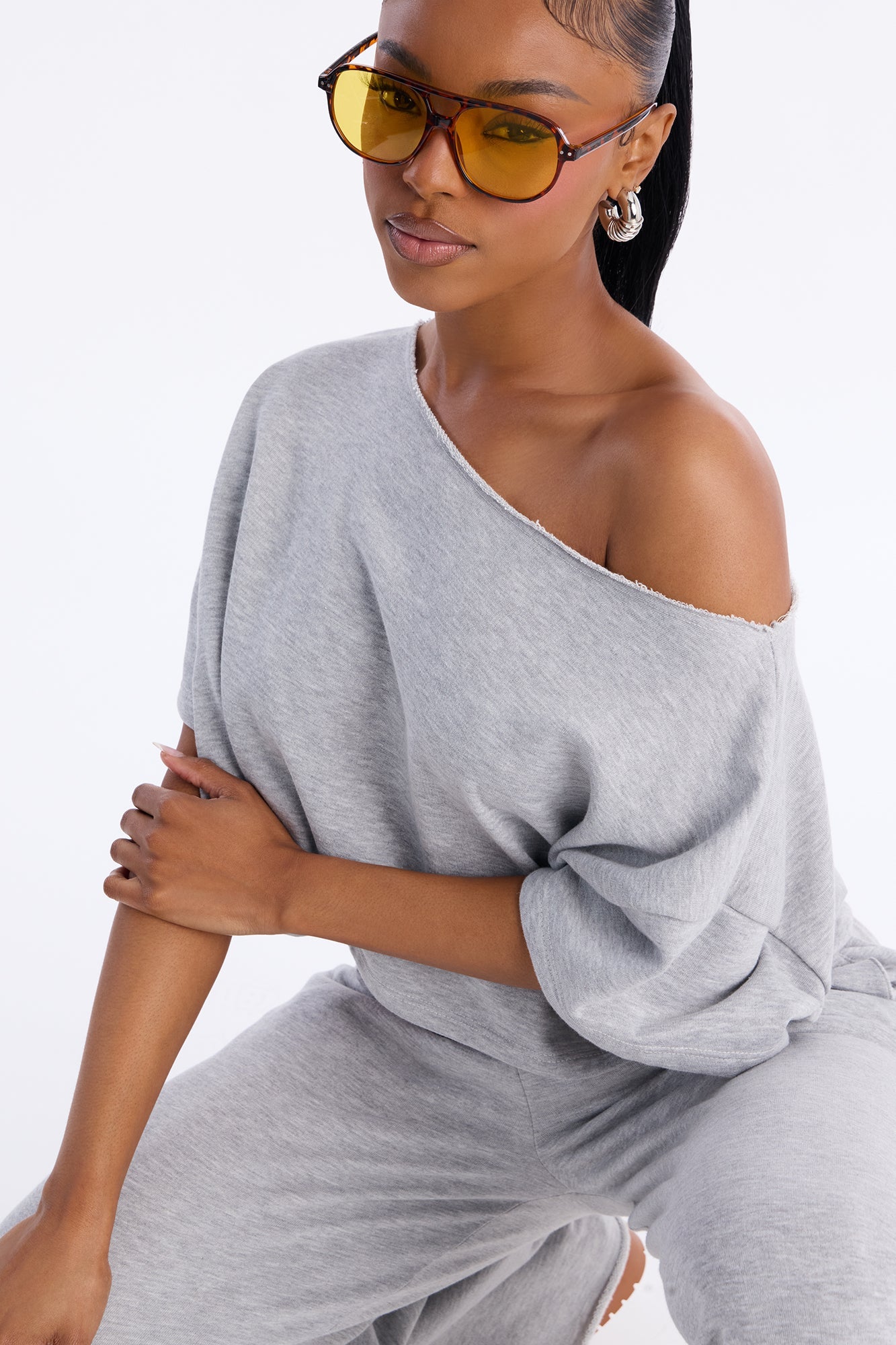Chill Status Off Shoulder Pant Set - Heather Grey