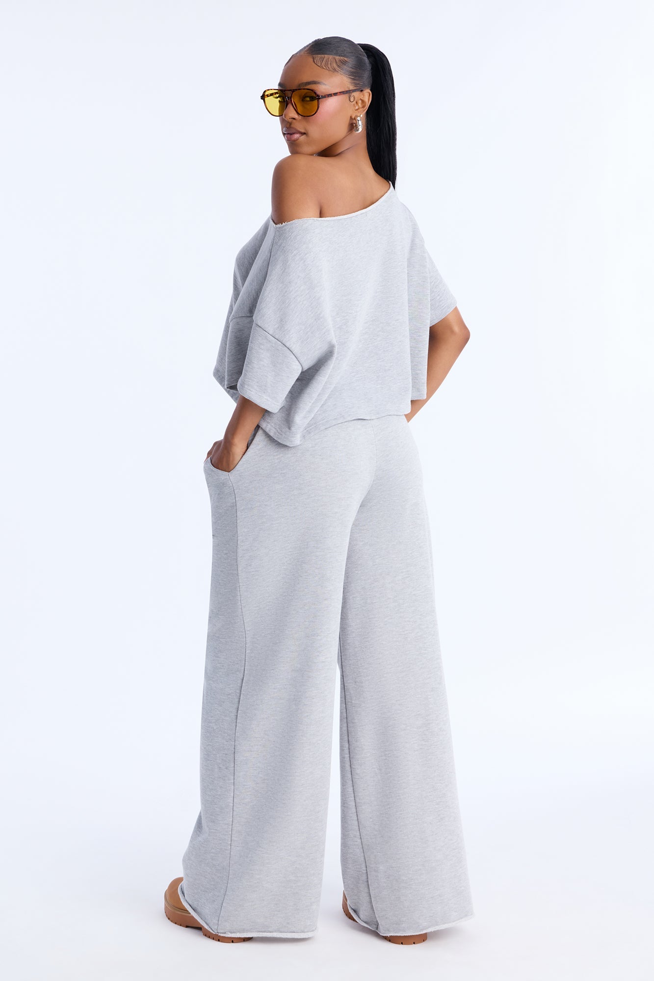 Chill Status Off Shoulder Pant Set - Heather Grey