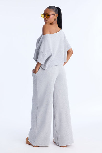 Chill Status Off Shoulder Pant Set - Heather Grey